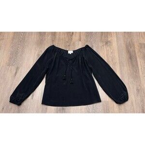 Sézane Black Silk Tassel Tie Blouse Womens 42 Long Sleeve Peasant Top
